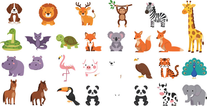 Large collection of cute cartoon animals including wild, farm, jungle, and pet characters, colorful animal icon set vector illustration for kids and education