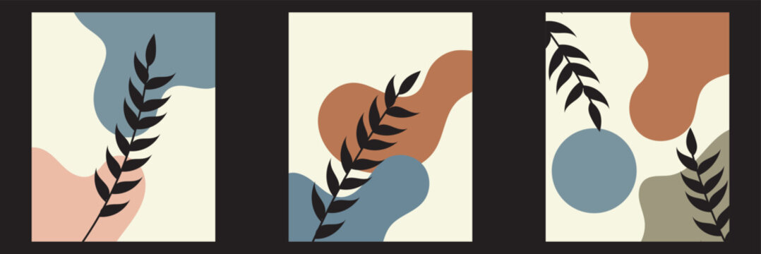 Modern Abstract Botanical Wall Art Print Set. Set of three abstract botanical wall prints featuring sun, leaves and geometric shapes in warm earthy tones for modern interiors.