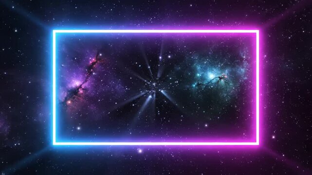 Glowing neon frame surrounding vibrant galaxy with stars and cosmic elements