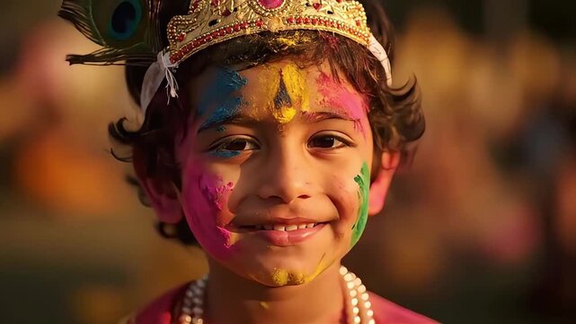 Little Krishna Celebrating Holi with Colors and Joyful Smile