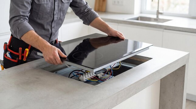 Handyman installing induction cooktop in modern kitchen