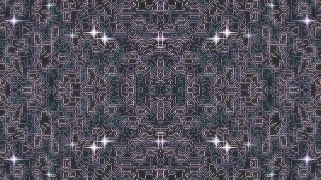 Intricate pattern with symmetrical design and sparkling lights viewed from directly above