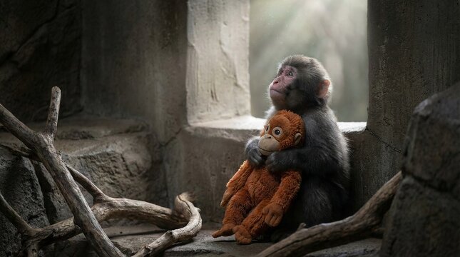 Baby Monkey Holding Orangutan Toy Close In Dramatic Shadow