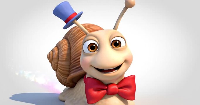 Cheerful cartoon snail wearing a top hat and bow tie, set against a simple, colorful background