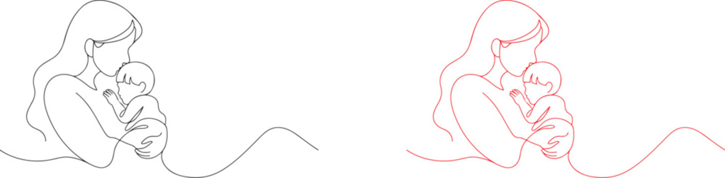 Mother and Son Line Art Vector Illustration for Mother&rsquo;s Day  Celebration Background. A mom hug the baby one Line Art.