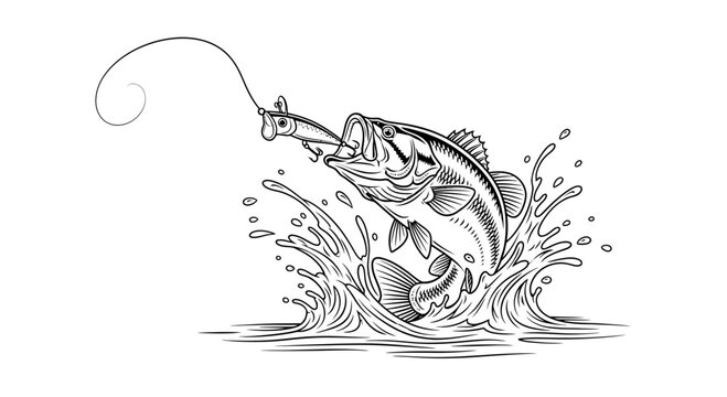 Jumping Bass Fish Attacking Lure in Water Splash