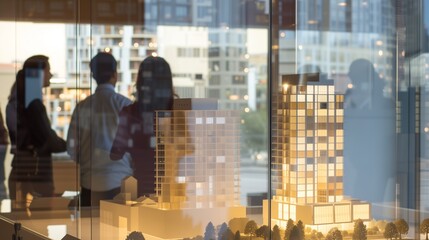 Obraz premium Planning the future skyline: a view through a glass partition of professional silhouettes examining illuminated architectural scale models of modern skyscrapers in a high-end design studio.