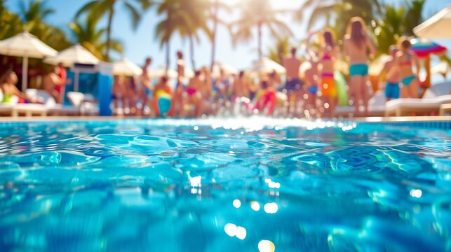 Summer vacation vibes: a low-angle shot of sparkling turquoise swimming pool water with a blurred background of people enjoying a sunny day at a luxury tropical resort with palm trees.
