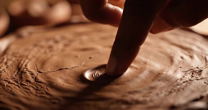 Close-up of a finger creating patterns in soft clay on a pottery wheel with blurred background