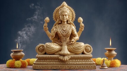 Exquisite Golden Statue of Goddess Lakshmi on an Ornate Altar with Decorative Elements and Lit Diyas