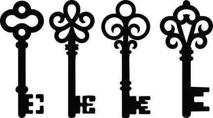 Mysterious Old-Fashioned Key Collection, Ornate Black Key Graphics, Decorative Vintage Key Silhouettes, vector, illustration, silhouette.