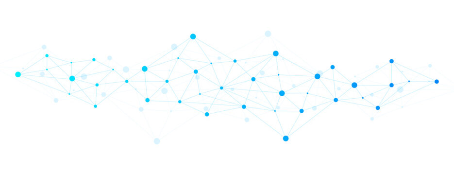 Blue polygon structure network technology connect lines and dots. White global communication banner