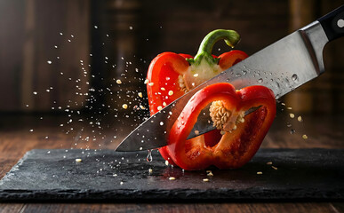 High-Speed Action Shot of Sharp Chef Knife Slicing Fresh Red Bell Pepper with Water Splash on Slate Board