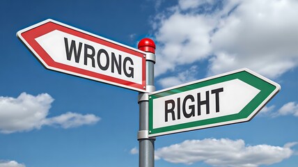 Obraz premium Wrong and right direction signboards against blue sky background
