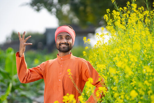 indian farmer standing at mustard agriculture field