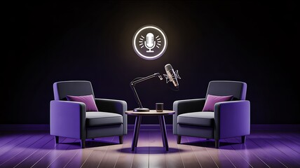 Modern podcast studio setup with two armchairs and microphone on stage with neon lighting