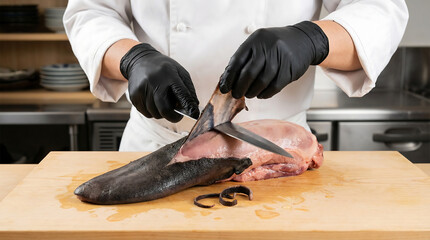 Chef skinning raw beef tongue, japanese chef live cutting gyu tan