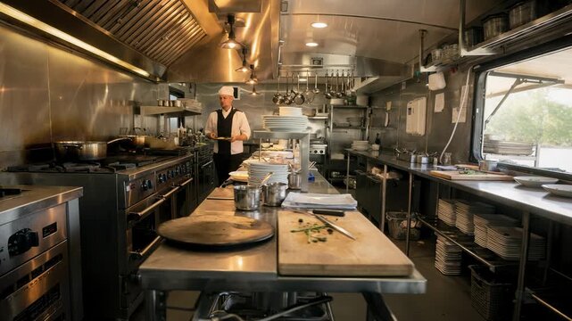 Medium shot capturing the interior of an extended food truck kitchen with a clear view of an assembly line setup that supports simultaneous cooking and plating.