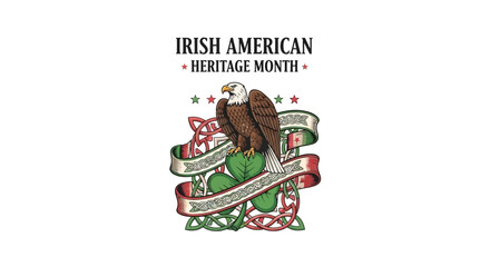 Fototapeta premium Vector illustration of an eagle with Celtic knot and shamrock symbol celebrating Irish American Heritage Month on a white background with green, red, and white colors.