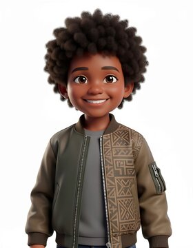 A smiling 3D Indonesian boy with deep brown skin and curly hair, wearing a modern streetwear bomber jacket featuring traditional Asmat-inspired geometric motifs on a white background.