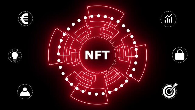 NFT Non-fungible token digital crypto on virtual screen Business, technology, Internet and network concept. glowing animation on black background. 4k motion graphics video.