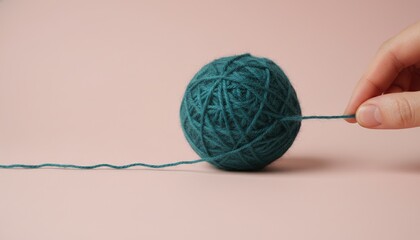 Yarn, knitting, wool, hand, craft, crochet, teal ball of yarn with a thread being pulled by fingers on a pink background, ideal for DIY hobbies and creative textile concepts.