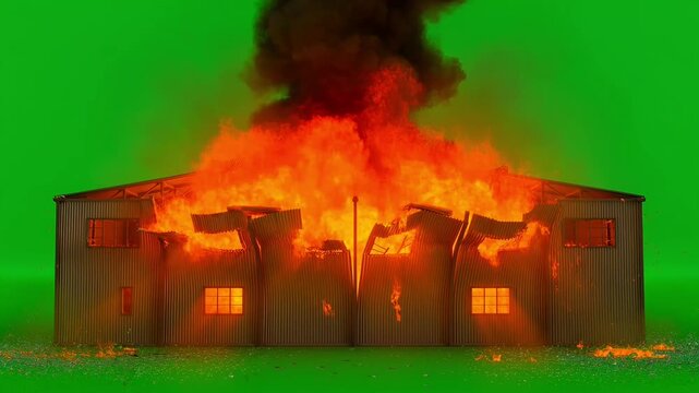 Dramatic explosion destroys industrial building with green screen background