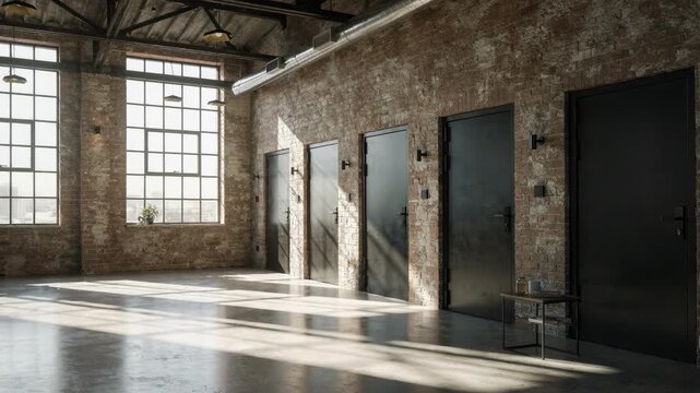 Sunny day medium shot of a repurposed warehouse showing industrialstyle guest suite doors and big windows with bright natural light creating sharp contrasts.