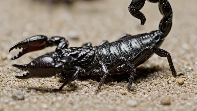 A dangerous black scorpion with its stinger raised on the sand