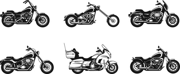Classic chopper and touring motorcycle silhouette set custom cruiser bikes vector illustration isolated on white background transport collection © Rabbi creatives