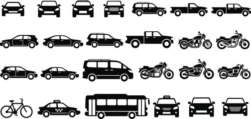 Transportation vehicle icons set cars motorcycles bus taxi bicycle pickup truck silhouettes vector illustration isolated on white background © Rabbi creatives