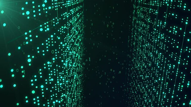 Motion graphic of green glowing particles and code forming a digital corridor. Perfect for hacking, database, or advanced coding visualizations.