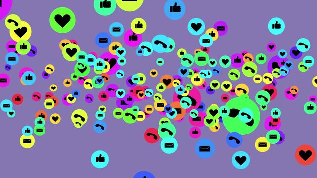 Motion graphic loop of hearts, likes, and mail icons moving across a purple screen. Perfect for mobile app marketing and digital communication content.