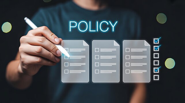 Business professional writing policy document with digital compliance checklist interface
