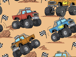 cartoon monster trucks seamless pattern automobile illustration car