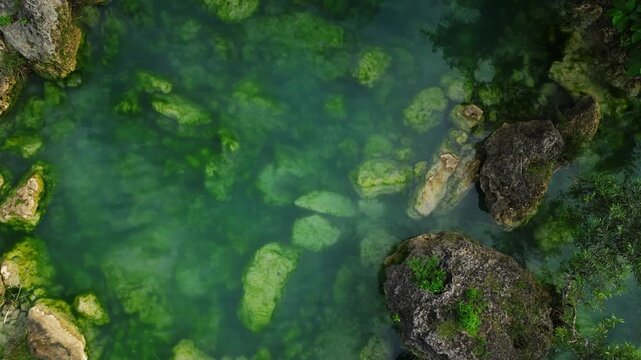 Slow upwards shot of Bolinao Falls 3 revealing the crystal clear green water of Bolinao falls 3 Bolinao Pangasinan Philippines