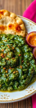 Authentic Indian dish featuring vibrant green sarson ka saag and golden makki ki roti, a wholesome and flavorful combination,  vegetarian food,  mustard leaves