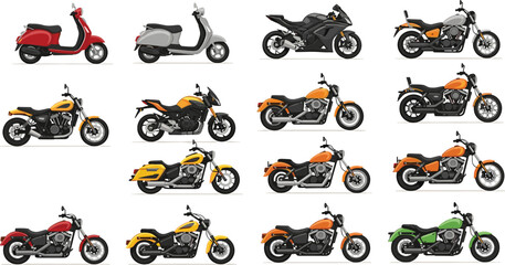Motorcycle lineup collection sportbike cruiser scooter and chopper vector illustration set isolated on white background transportation design pack © Rabbi creatives