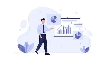 Obraz premium Businessman presenting financial growth charts and pie diagrams on a whiteboard