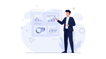 Businessman Presenting Financial Growth Charts on Whiteboard