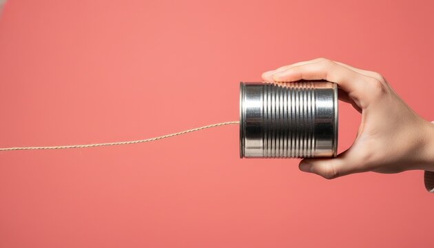 tin can, telephone, communication, string, hand, connection, pink background. Minimalistic concept of vintage analog message transmission and nostalgic networking in a studio shot.
