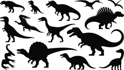 Collection of dinosaur silhouettes including Tyrannosaurus, Spinosaurus and flying pterosaurs, prehistoric reptile vector set isolated on white background © MdMosraful