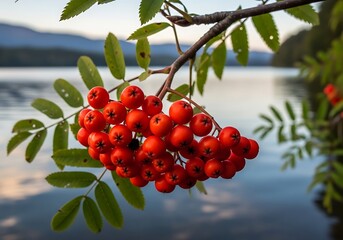 Obraz premium Crimson Berries, Mountain Lake: Serene Nature Portrait