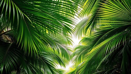 Obraz premium Lush green palm fronds create a dense jungle canopy, vibrant, vegetation