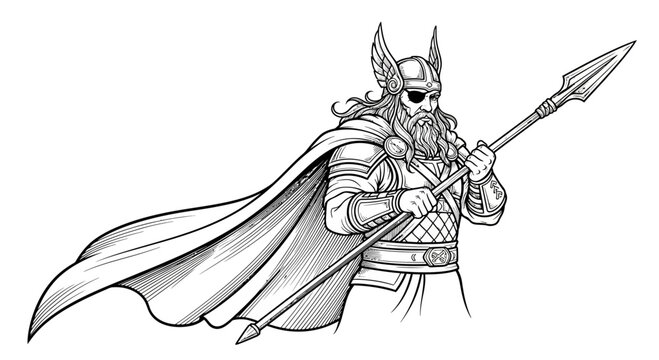 Viking warrior with spear and helmet, black and white illustration