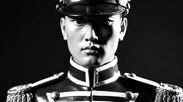 Man in military uniform with hat and epaulets black and white portrait.