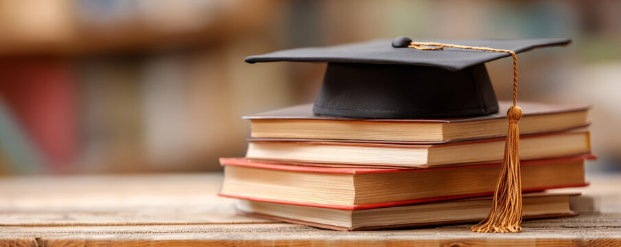 Graduation cap book stack academic success education concept knowledge wooden table library background study scholarship learning motivation