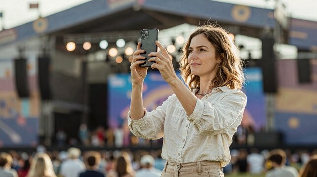 "Festive Atmosphere - Woman Capturing Festival Moments on her Phone" featuring woman, festival, lighting, soft light.