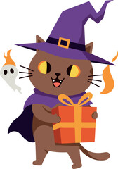 Cute Halloween Cat Witch Holding Gift Orange Present Purple Hat