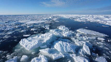 Obraz premium Expansive view of floating sea ice and melting glaciers in Arctic Ocean under clear blue sky, climate change concept.